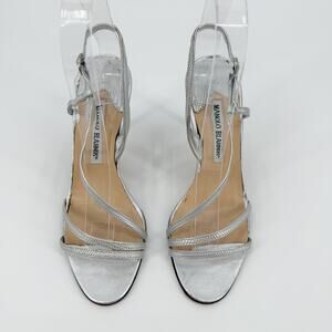 Manolo Blahnik Silver Strappy Slingback Sandal Metallic Leather Heel 37 90mm
